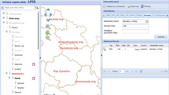Vyhledávání podle katastrálního území a čísla parcely