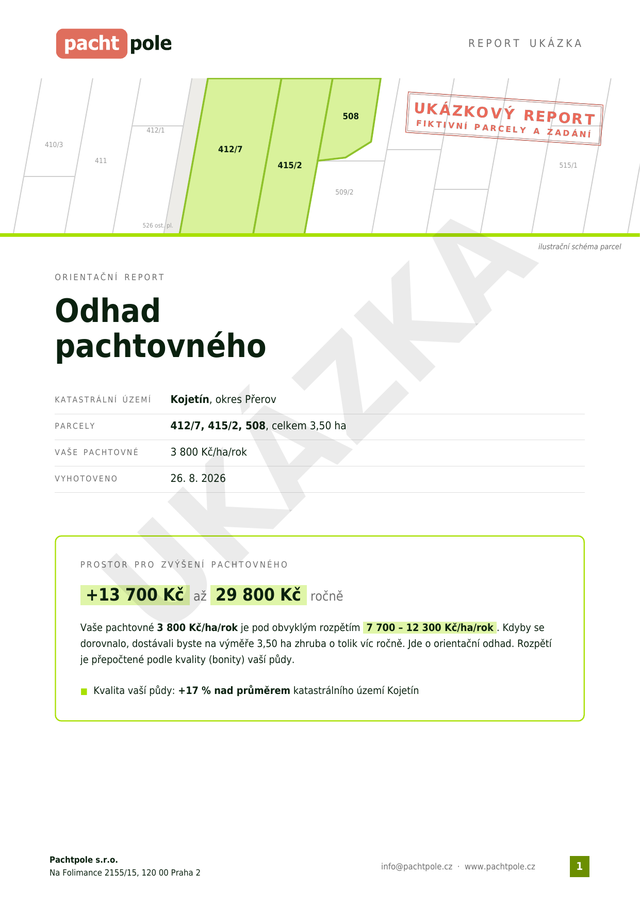 Náhled první strany ukázkového reportu Odhad pachtovného
